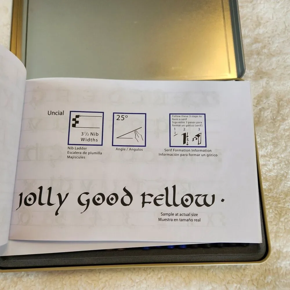 Calligraphy Set In Metal Tin w/4 Pens/5 Nibs/20 Ink Cartridges/Instructions